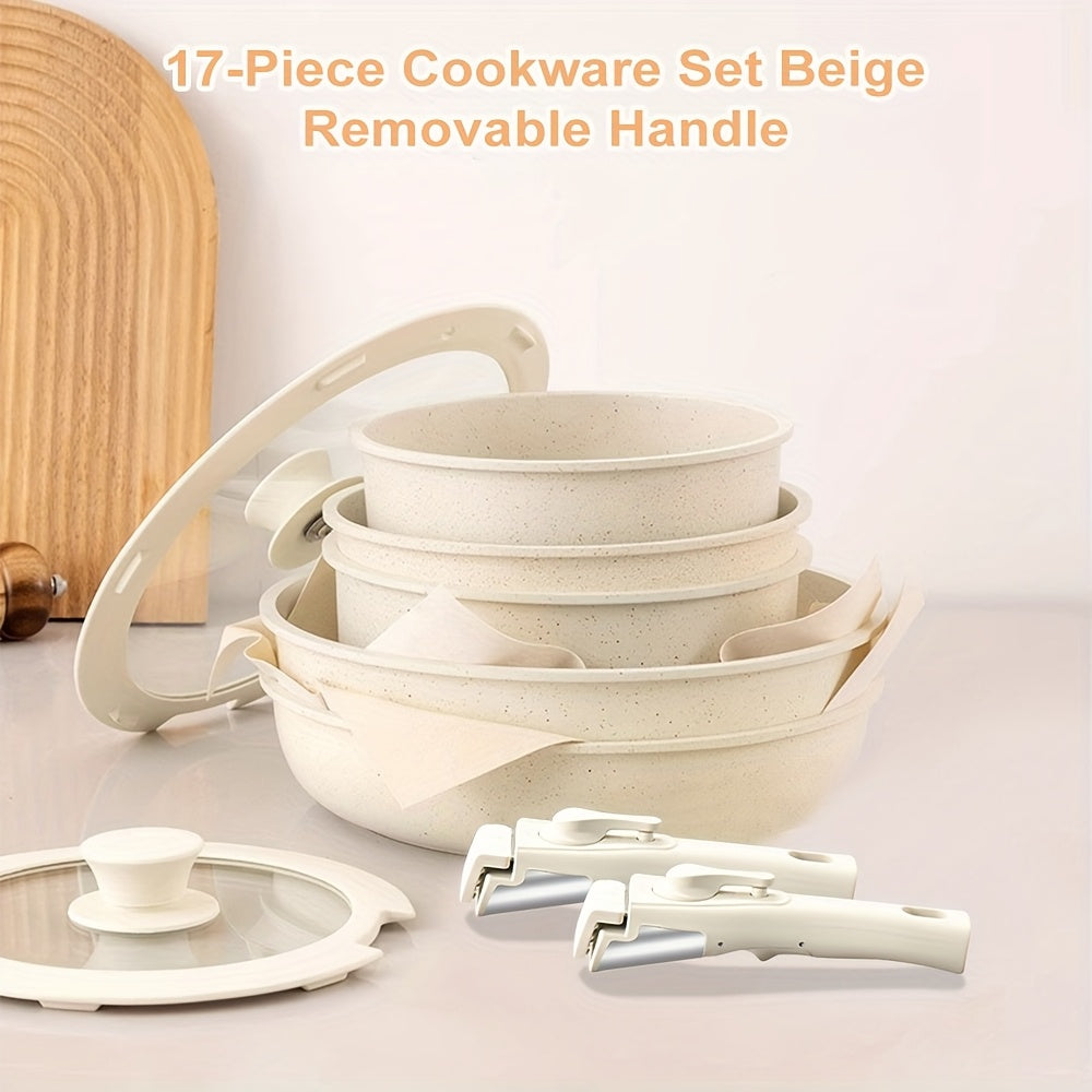 17-Piece Ceramic Cookware Set – Includes Removable Handles and Deep Frying Pan