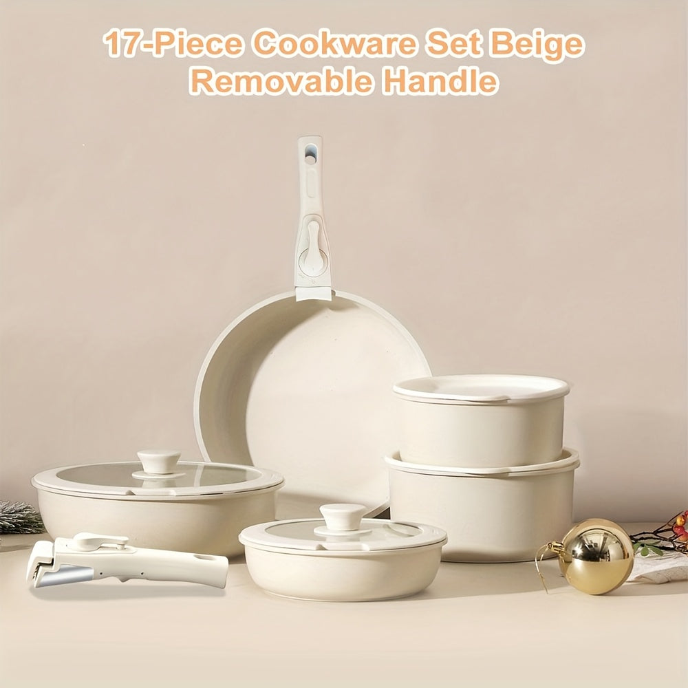 17-Piece Ceramic Cookware Set – Includes Removable Handles and Deep Frying Pan
