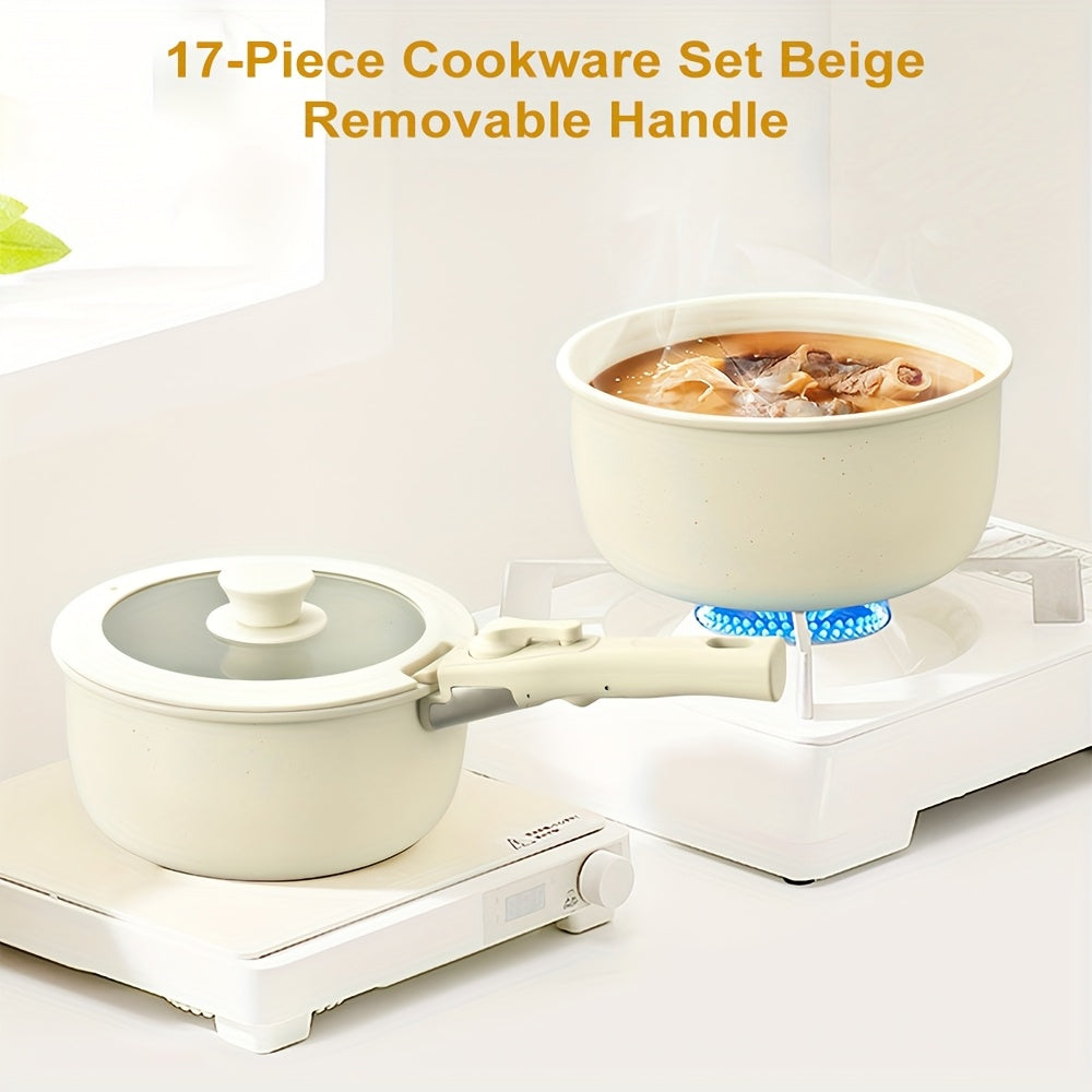 17-Piece Ceramic Cookware Set – Includes Removable Handles and Deep Frying Pan